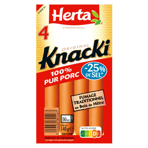 Herta Knacki saucisses 100% pur porc sel réduit x4