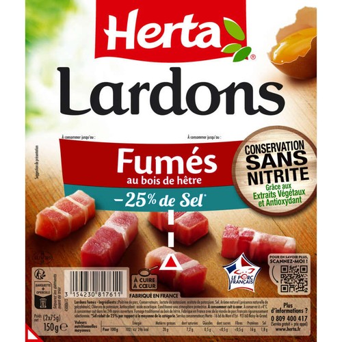 Herta Lardons Fumés -25% de sel 2x75g