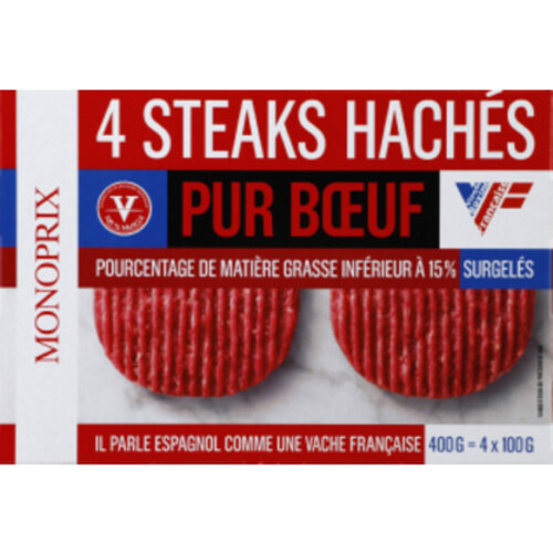 Monoprix 4 Steaks Hachés Pur Boeuf 15% Mg Surgelés 400G
