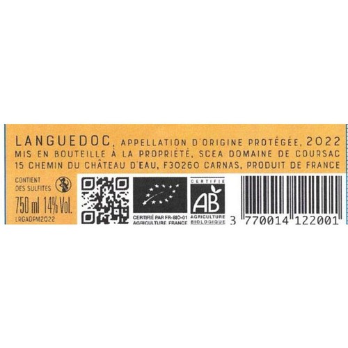Domaine de Coursac les Garriguettes Languedoc Rouge Bio 2023 AOC 75cl