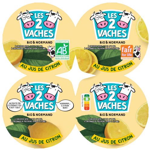 Les 2 Vaches Yaourt Citron Brassé Bio Normand 4x115g