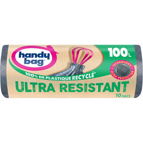 Handy Bag 10 Sacs poubelle à poignées ultra résistant 100L