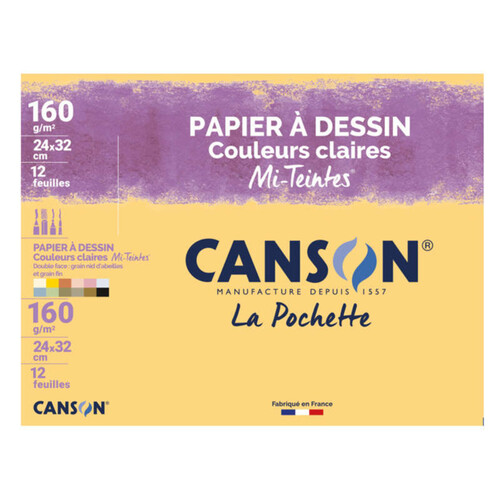 Canson papier à dessin couleur mi-teintes pastels, 24x32cm, 12 feuilles, 160gr/m²