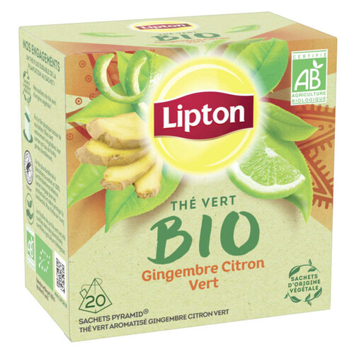 Lipton Thé Vert Bio Gingembre Citron-Vert Bio 20 Sachets Pyramides