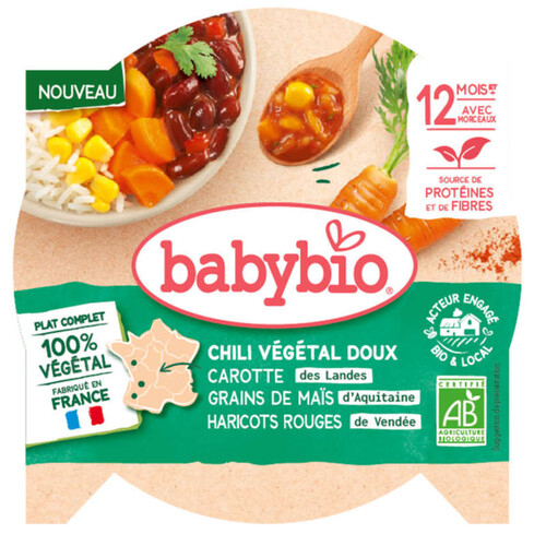 Babybio Chili végétarien doux Carotte des Landes ,Grain de maïs d'Aquitaine, Bio