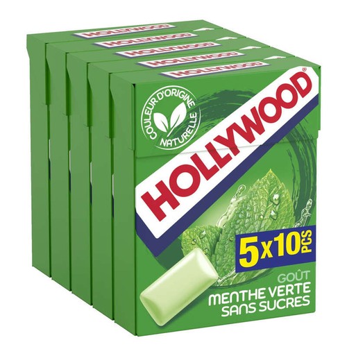 Hollywood Chewing-gum sans sucres avec édulcorants - Parfum menthe verte 5x14g