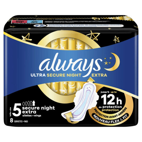Always Ultra Serviettes Secure Night Extra (taille 5) Ailettes X8