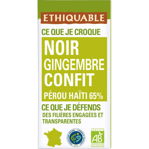 Ethiquable Chocolat Noir Au Gingembre Confit, Bio 100G