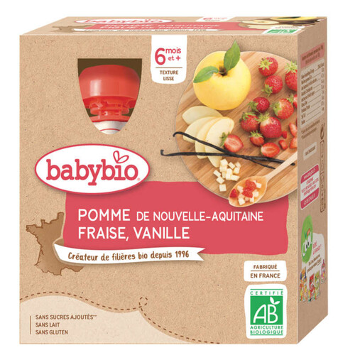 [Par Naturalia] Babybio Gourde Bébé Pommes Fraises Vanille 6M 4X90gBio