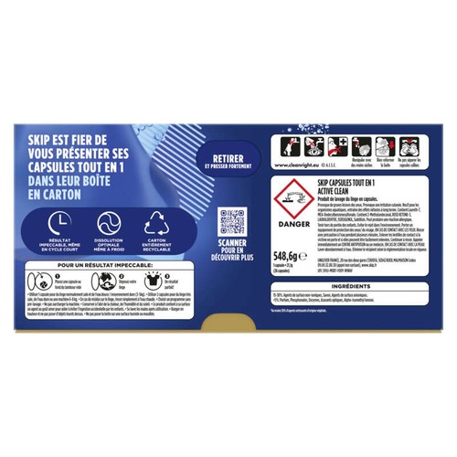 Skip Lessive capsule 3 en 1 active clean x26