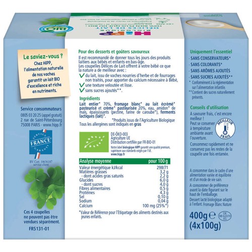 [Par Naturalia] Hipp Délices De Lait Au Fromage Blanc Nature 6M Bio 4x100g