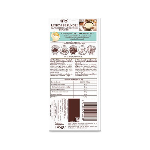 Lindt Création Tablette Chocolat Blanc Rocher Coco 145g