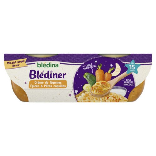 Blédina Blediner Crème de Légumes Aux Epices Douces Et Pâtes Coquilles Dès 15 Mois 2X200g