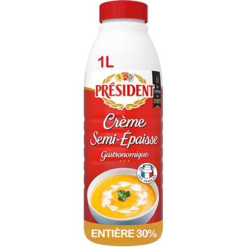 Président Crème UHT Semi-épaisse Entière 30% MG Bouteille 1L