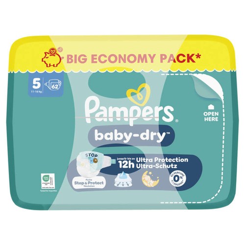 Pampers Baby-Dry Taille 5, 11kg-16kg, 62 Couches