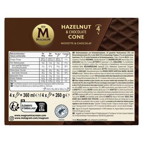 Magnum Glace Cône Noisette & Chocolat x4 260g