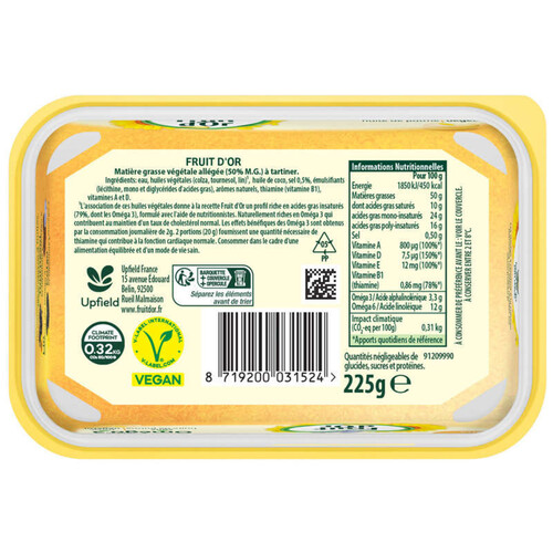 Fruit D'or Margarine Oméga 3 Sans Huile de Palme & 100% végétal Doux 225g