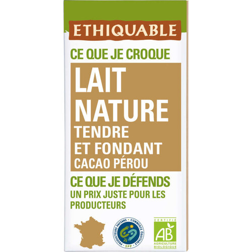 Ethiquable Chocolat Lait Tendre Et Fondant Bio 100g