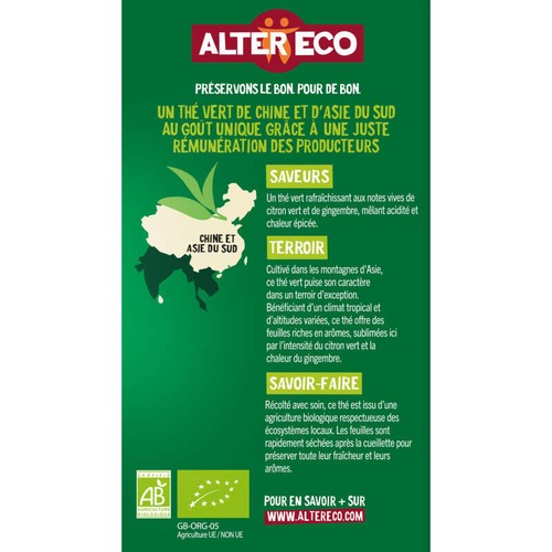 Alter Eco Thé Vert Citron vert et Gingembre Bio x20 sachets