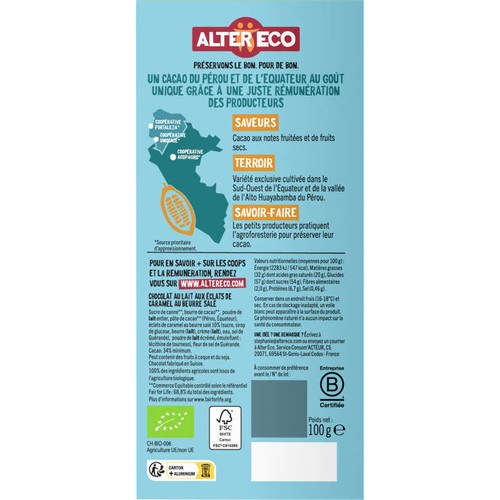Alter Eco Chocolat Au Lait Du Pérou, Caramel Beurre Salé, Bio 100g