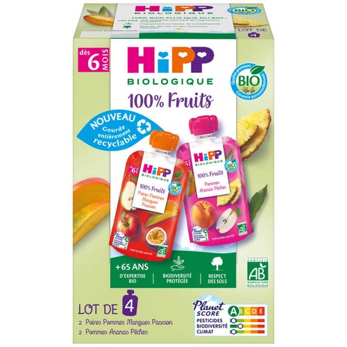 Hipp Biologique Gourdes 2 variétés dès 6 mois 100% fruits 4x90g