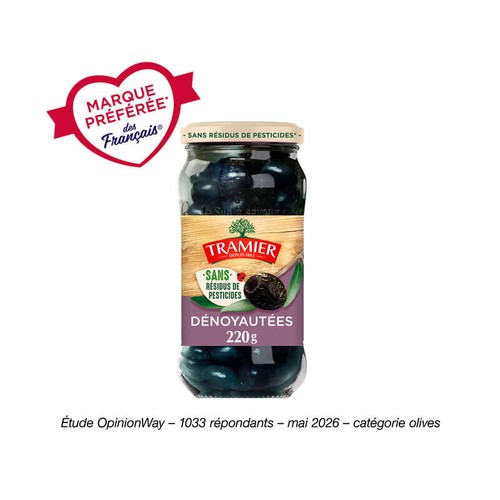 Tramier Olives Noires à la Grecque dénoyautées Sans résidus de pesticides 220g
