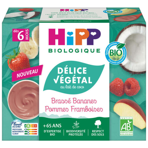 Hipp Biologique Délice Végétal Brassé Végétal Bananes Pommes Framboises Bio Coupelles Dès 6 Mois 4x100g