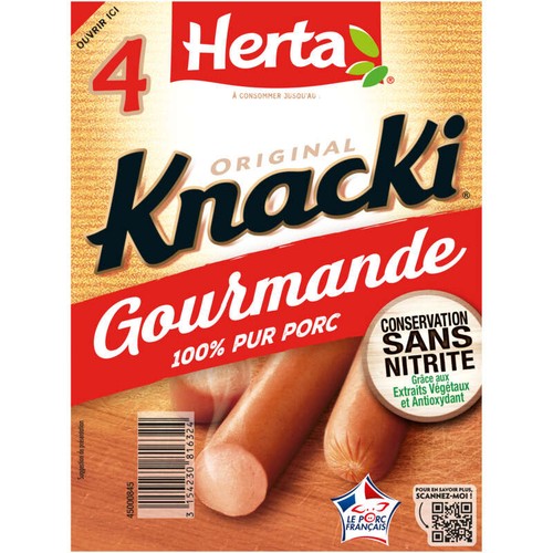 Herta knacki gourmande saucisses porc x4 280g