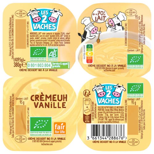 Les 2 Vaches Crème dessert vanille Bio 4x95g