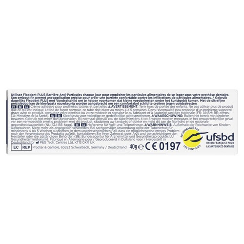 Fixodent Plus Barrière Anti-Particules Crème Adhésive pour prothèses Totales & Partielles 40G
