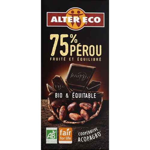 Alter Eco Chocolat Noir Pérou 75% Bio 100g 