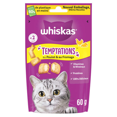 Whiskas temptations friandises au poulet & fromage 60g - chat adulte