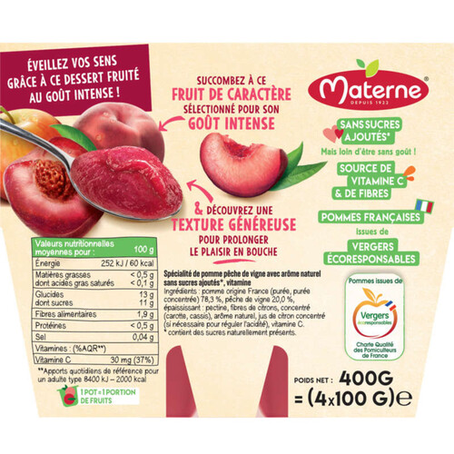 Materne Compotes Fruit Intense Pomme Pêche de Vigne 4*100g