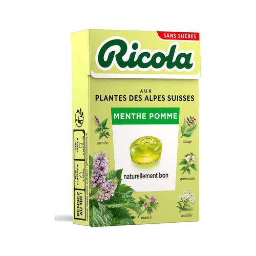 Ricola bonbons Suisses aux plantes, menthe pomme sans sucres 50g