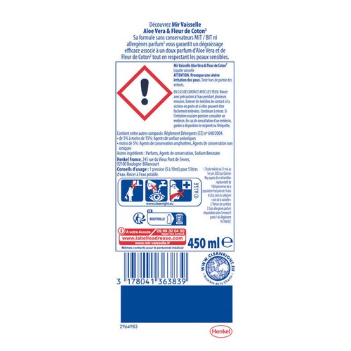 Mir Liquide Vaisselle Aloe Vera & Fleur de Coton 450ml