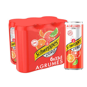 Schweppes Zéro Agrumes boisson gazeuse pack de 6x33 cl canettes.