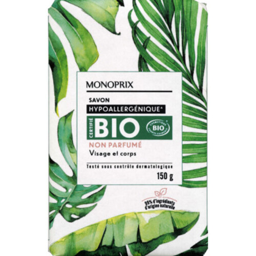 Monoprix Bio Savon Hypoallergénique Non Parfumé 150G