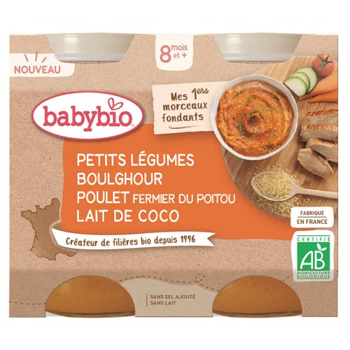 Babybio petits légumes boulghour poulet fermier du poitou lait de coco bio 8mois+
