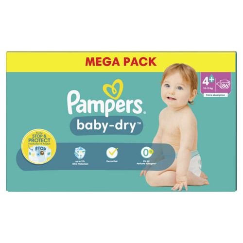 Pampers baby-dry taille 4+, 86 couches, 10kg - 15kg