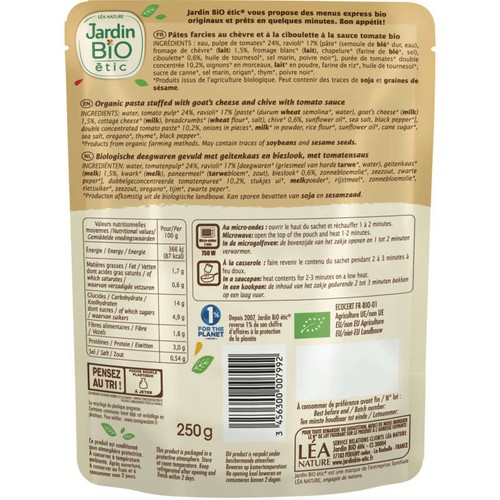 Jardin Bio Ravioli Chèvre Ciboulette Bio 250g