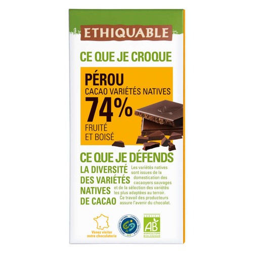 Ethiquable Chocolat Noir 74% Pérou Bio 100g