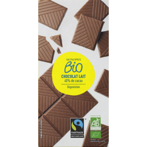 Monoprix Bio Chocolat au lait dégustation 40% de cacao 100g