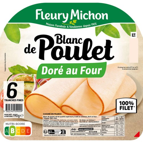 Fleury Michon Tranche Fines Blanc De Poulet Doré Au Four 190g