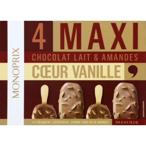 Monoprix Bâtonnets maxi chocolat au lait & amandes coeur vanille 314g