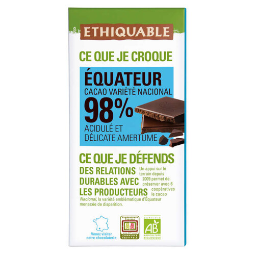 Ethiquable Chocolat 98% Equateur Bio 100G