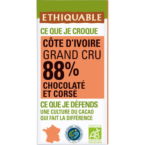 Ethiquable Chocolat Noir 88% Bio 100G