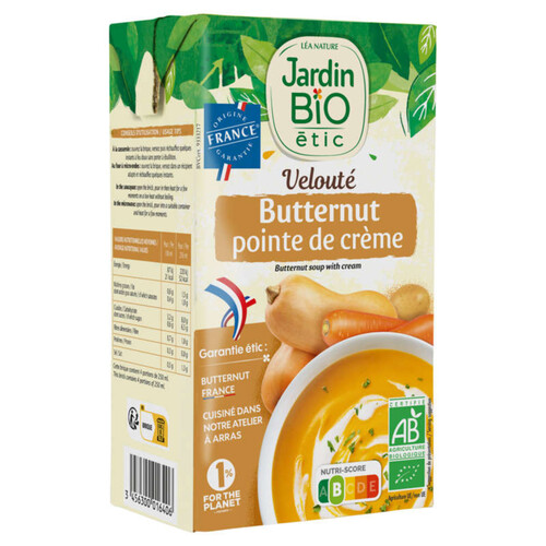 Jardin bio velouté butternut pointe de crème bio 1L / tetrapack
