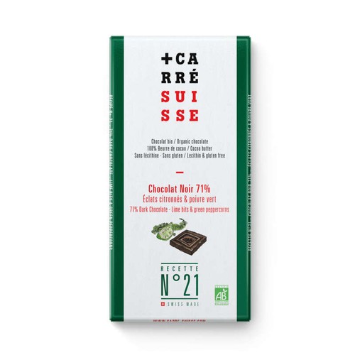 Carré Suisse N°21 Chocolat Noir 71% et Éclats citronnés & poivre vert 100g