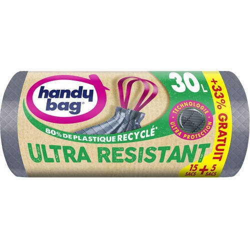 Handy Bag Sacs poubelle poignées coulissantes Ultra Résistant 100% plastique recyclé 30L + 33% Offert
