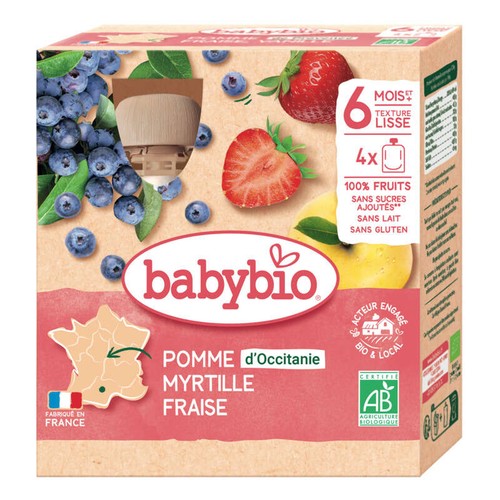 Babybio Purée de pomme, myrtille et fraise bio 6M le pack de 4x90g